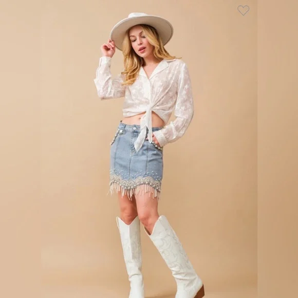 SK23. RESTOCK Stretch Denim Embellished Pearl Fringe Mini Skirt - Picture 3 of 3